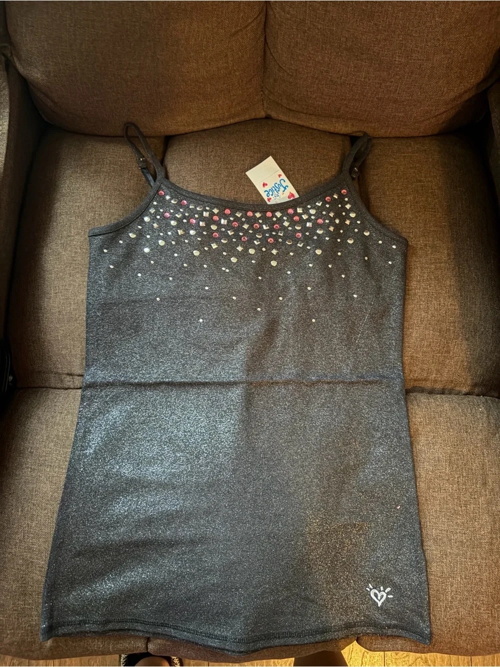 NWOT Justice Sparkle Rhinestone Tank Top - Black with Pink & Silver Accents